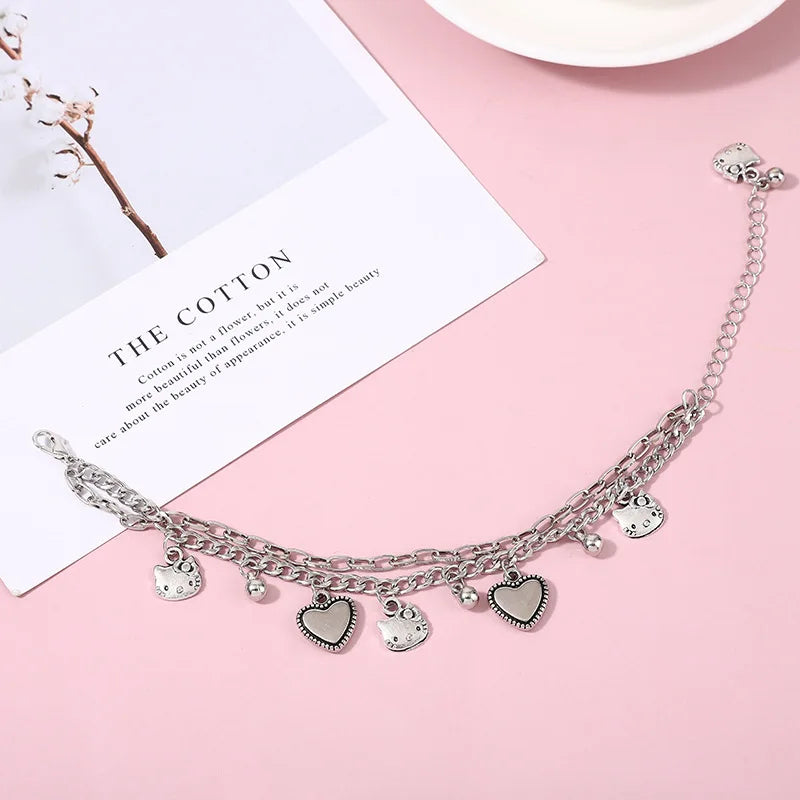 Sanrio Kawaii Hello Kitty Charm Bracelet – Cute Y2K Metal Jewelry, Sweet Birthday Gift.