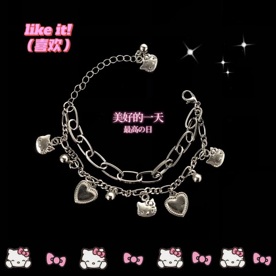 Sanrio Kawaii Hello Kitty Charm Bracelet – Cute Y2K Metal Jewelry, Sweet Birthday Gift.