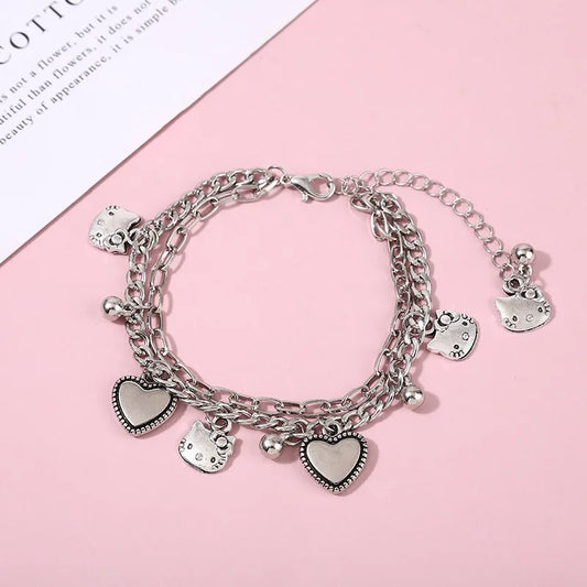 Sanrio Kawaii Hello Kitty Charm Bracelet – Cute Y2K Metal Jewelry, Sweet Birthday Gift.